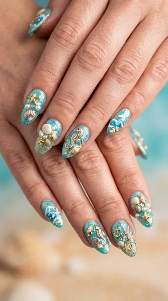 Starfish and shell beach collage nails