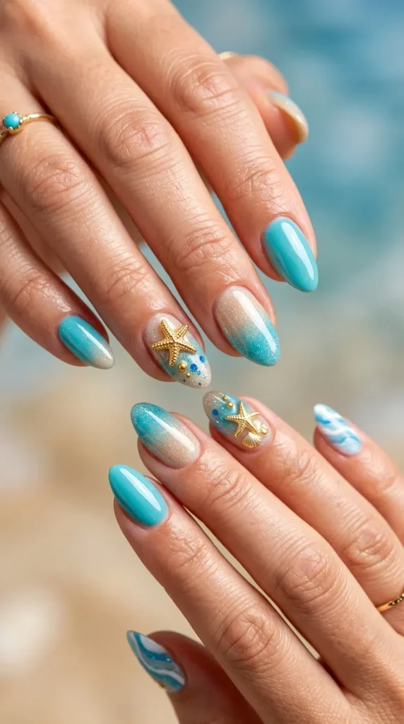 Starfish charm nail art with glossy finish