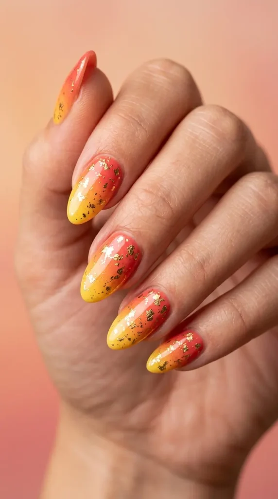 Sunset gradient nails with gold foil flecks