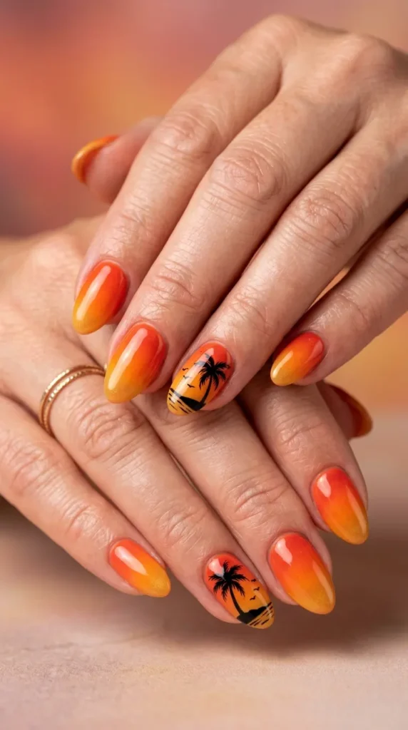 Sunset palm silhouette nails