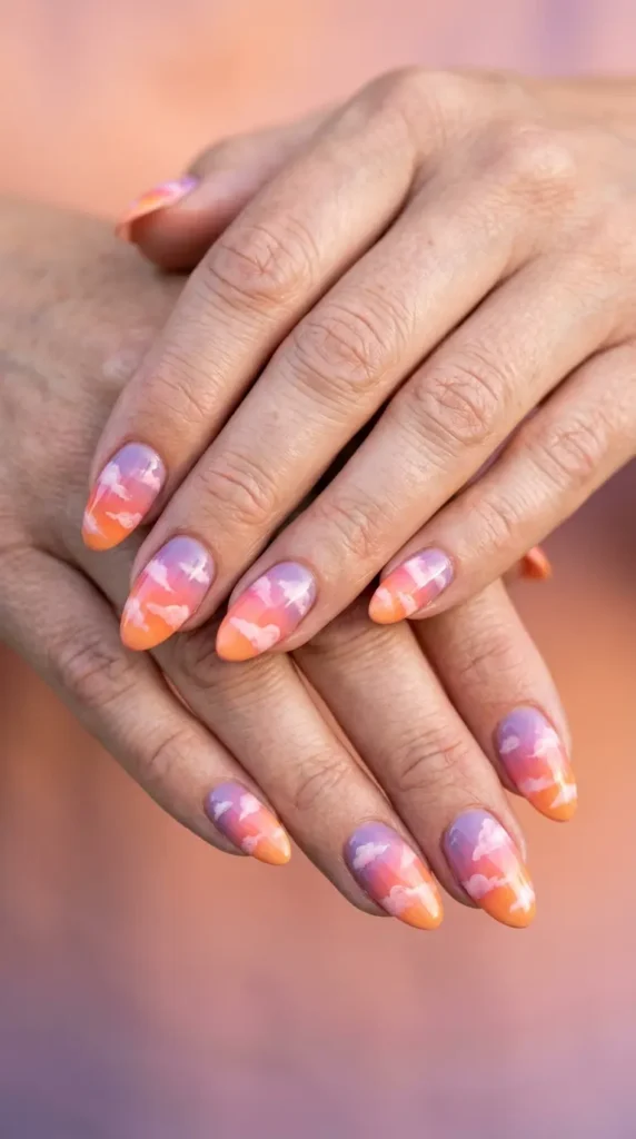 Sunset sky cloud nails (orange, purple, pink blend)