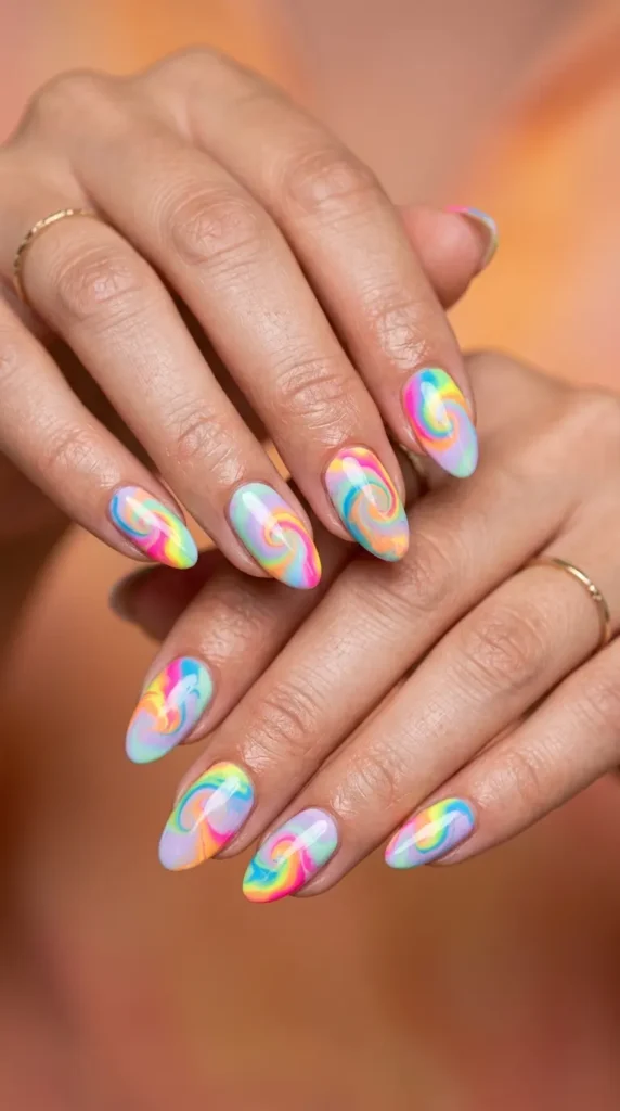 tie-dye neon pastel swirl nails