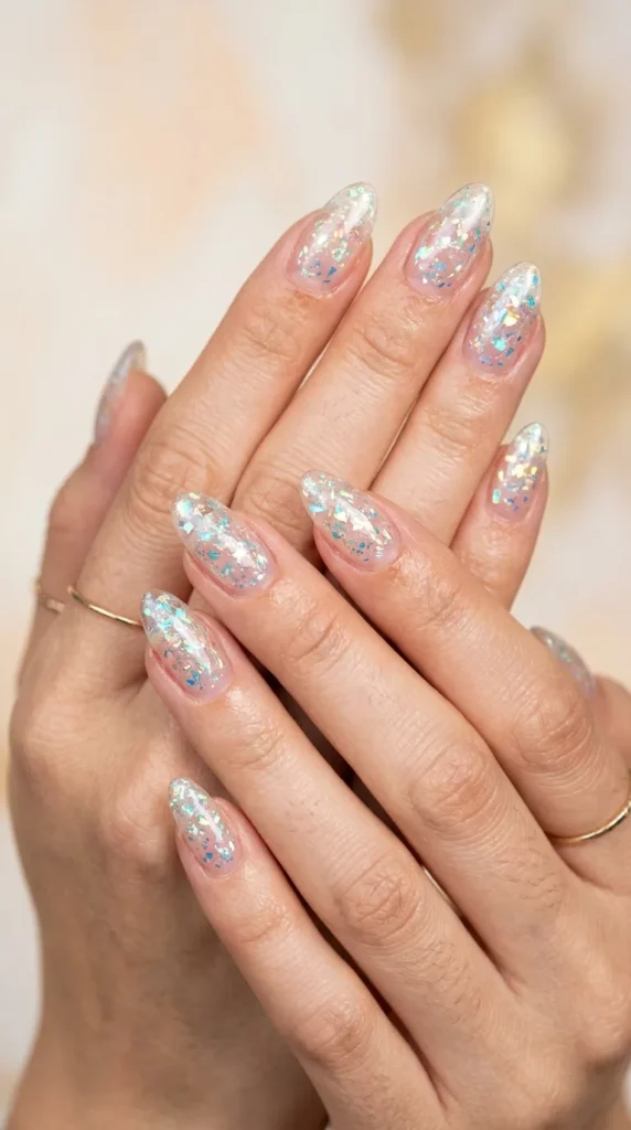 Transparent Glass Nails With Shimmer Flakes