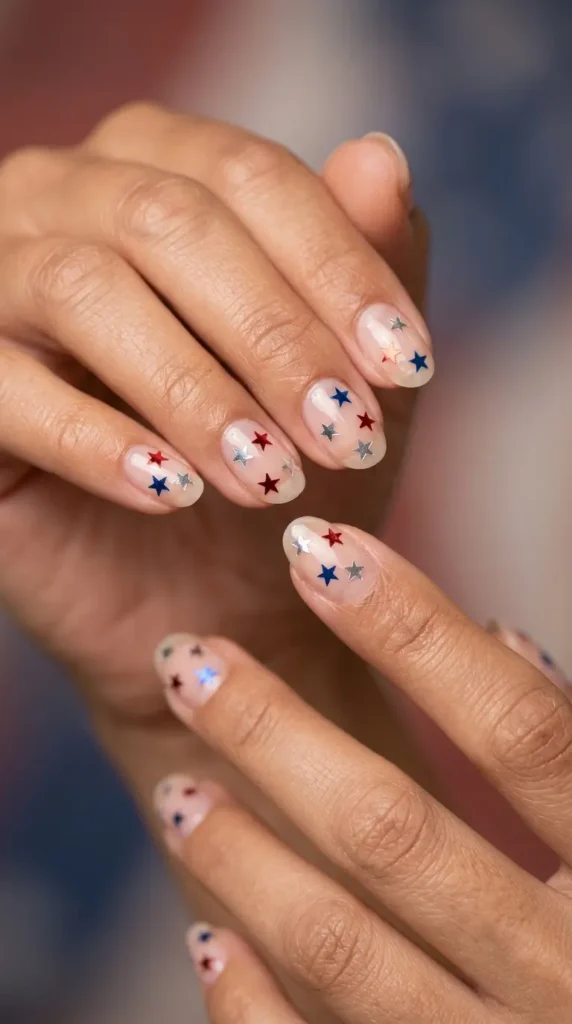 Transparent nails with floating confetti stars