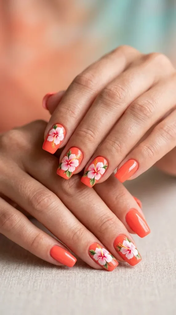 Tropical Coral Hibiscus Nails
