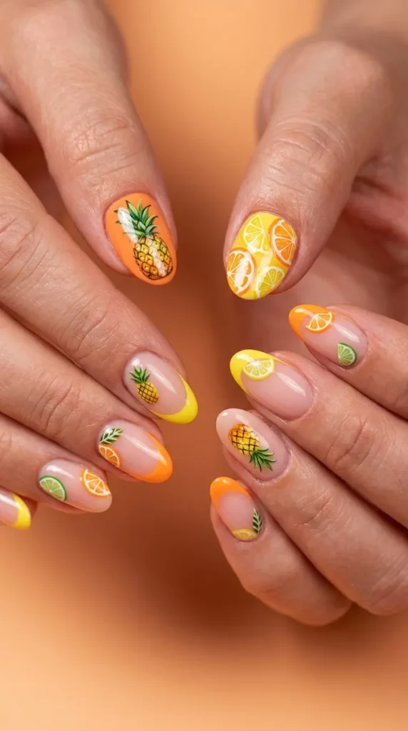 Tropical fruit accent nails (pineapple, citrus)