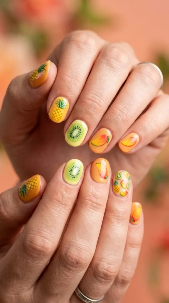 Tropical fruit mix nails (mango, kiwi, pineapple icons)