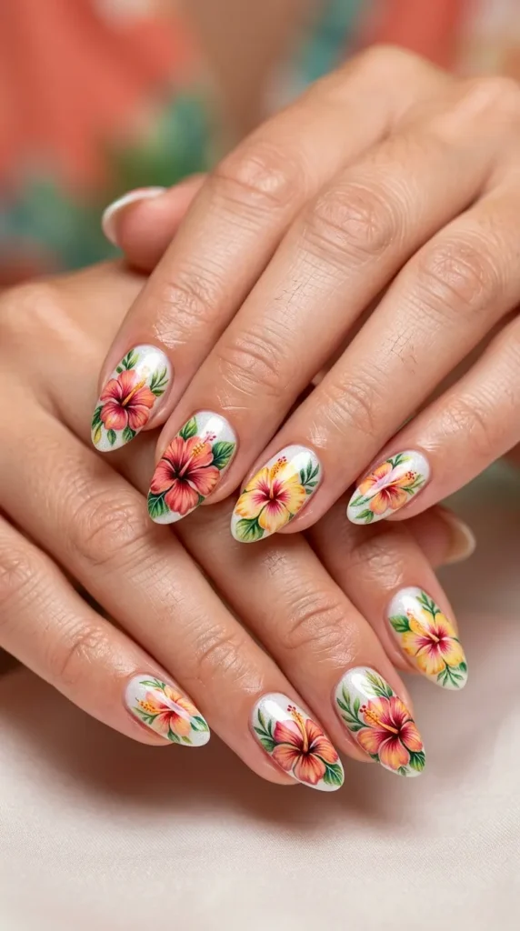 Tropical Hibiscus Gel Nails