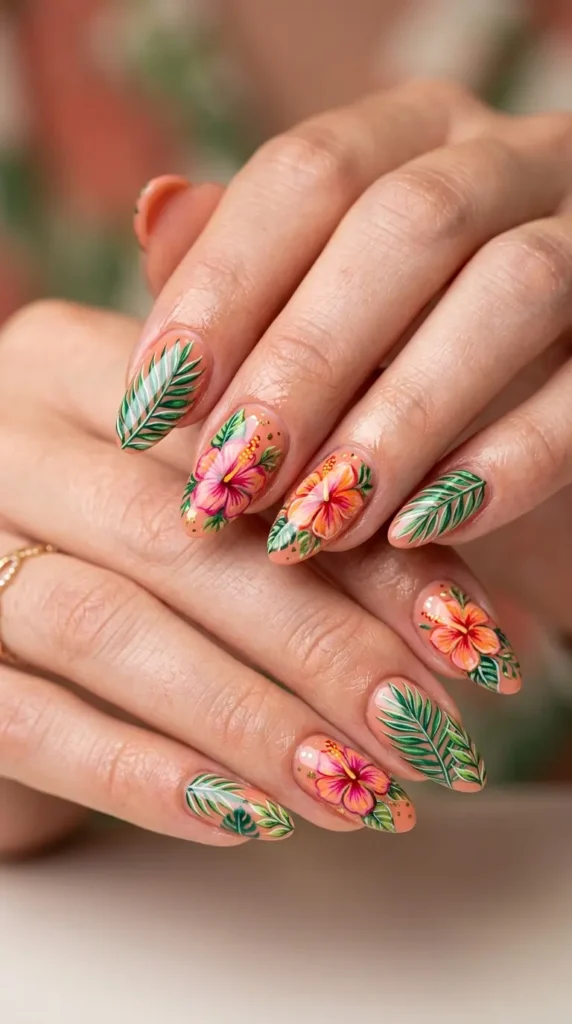 Tropical hibiscus + palm combo nails
