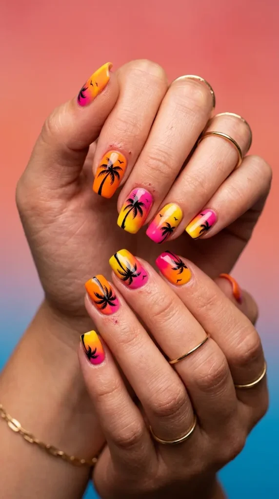 Tropical palm tree nail art