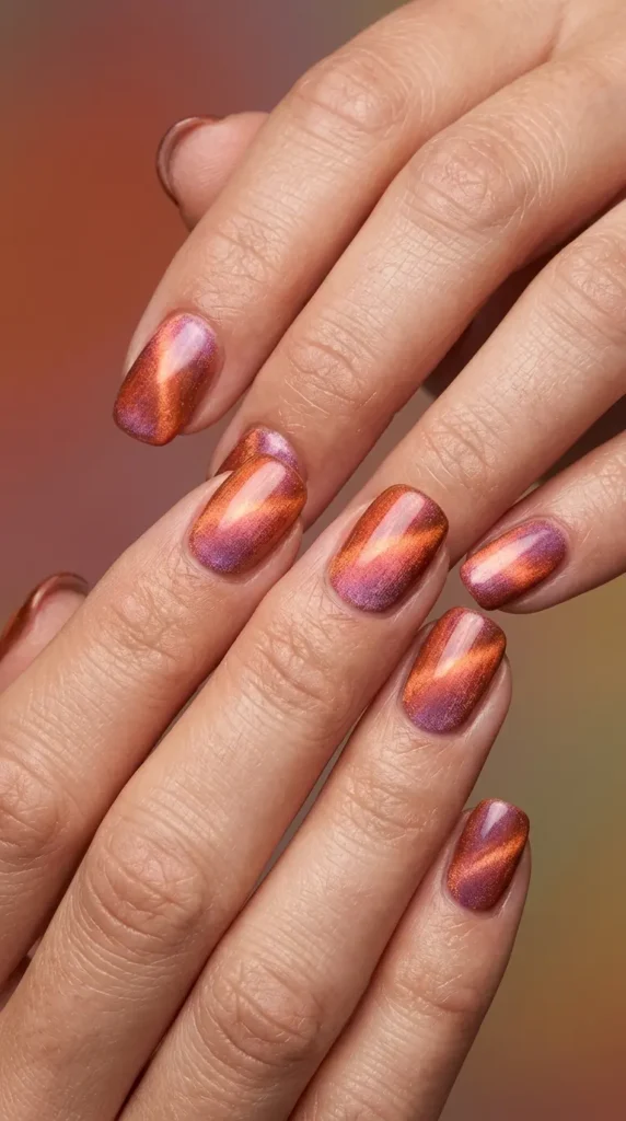 tropical sunset cat-eye magnetic nails