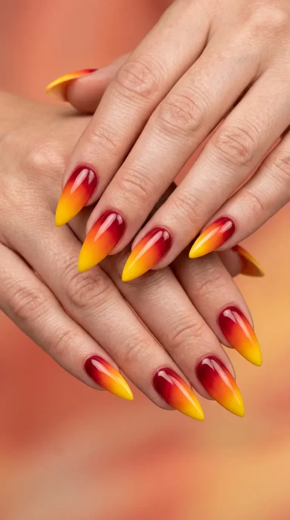 Tropical sunset gradient stiletto nails