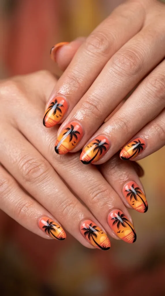 Tropical Sunset Palm Silhouette Nails