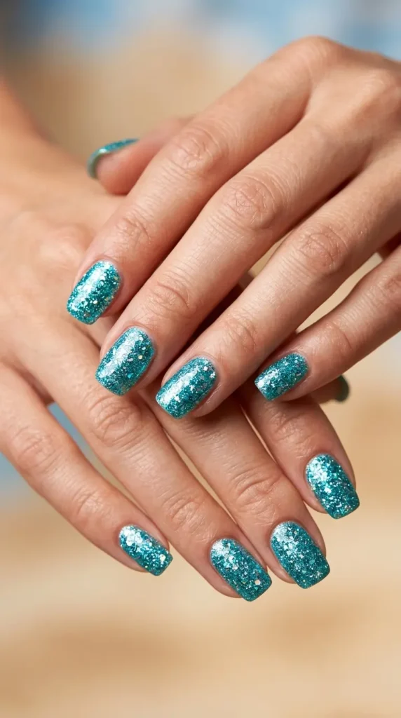 Turquoise glitter beach sparkle nails