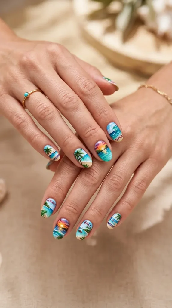 Vacation postcard nail art (mini beach scenes)