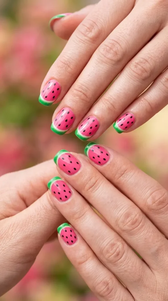 Watermelon nail art (pink base, green tips, seeds detail)