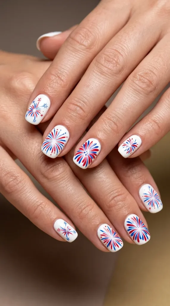 white base with hand-painted mini fireworks bursts