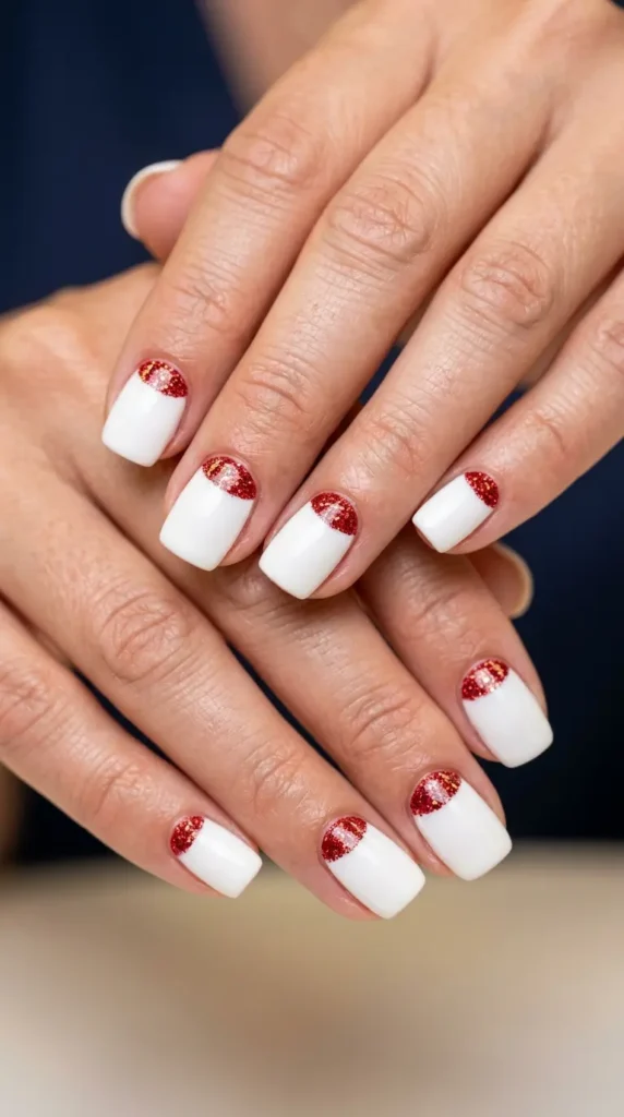 white base with red glitter half-moon design