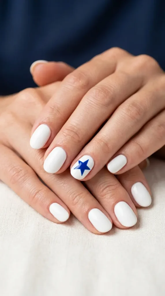 White base with single bold blue star center nail
