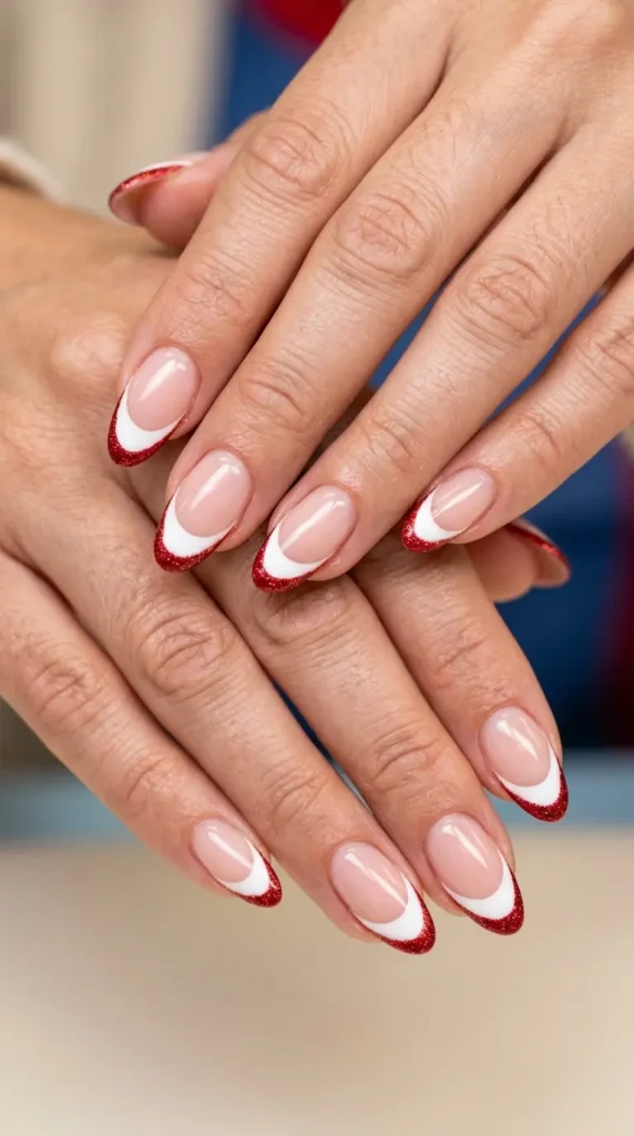 White French tips with red glitter outline