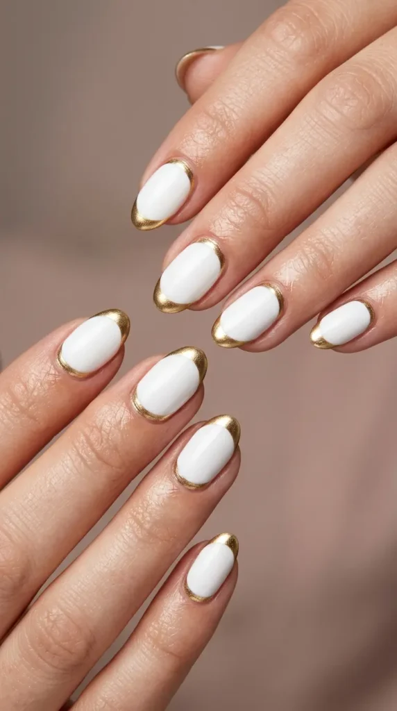White nails with gold reverse French tips