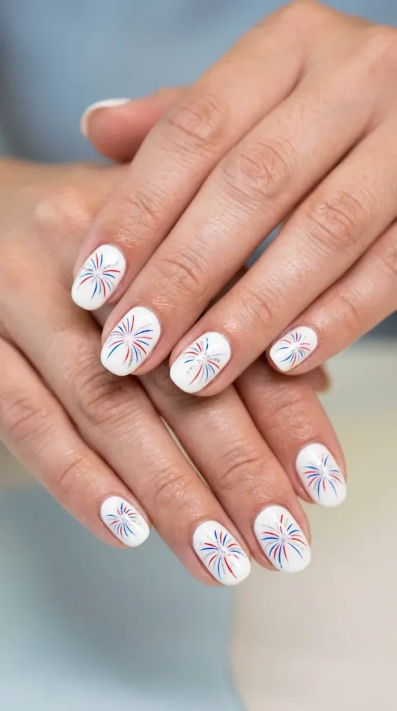 white nails with simple hand-drawn fireworks lines