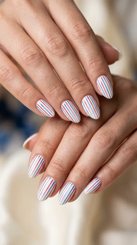 White nails with thin red and blue vertical lines