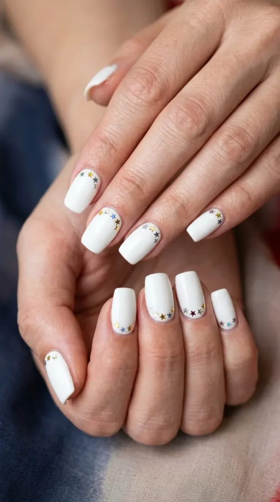 White nails with tiny foil stars near cuticle