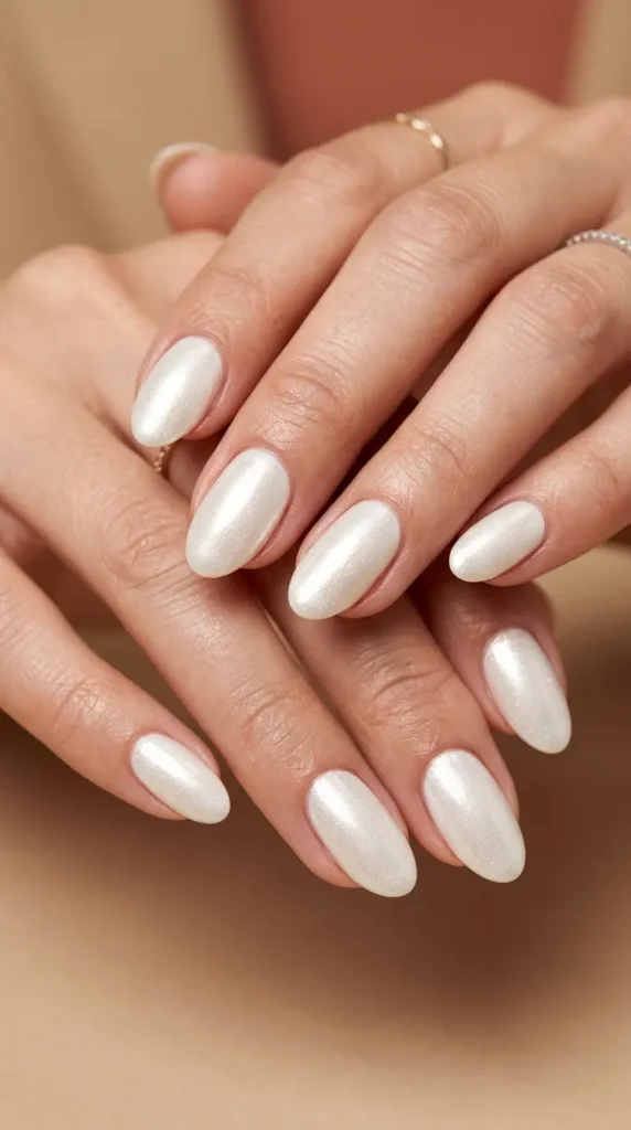 White sand shimmer chrome nails