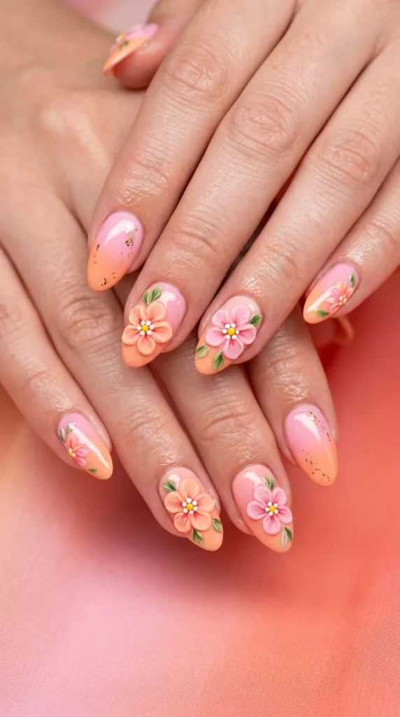 3d flower pinkorange nails