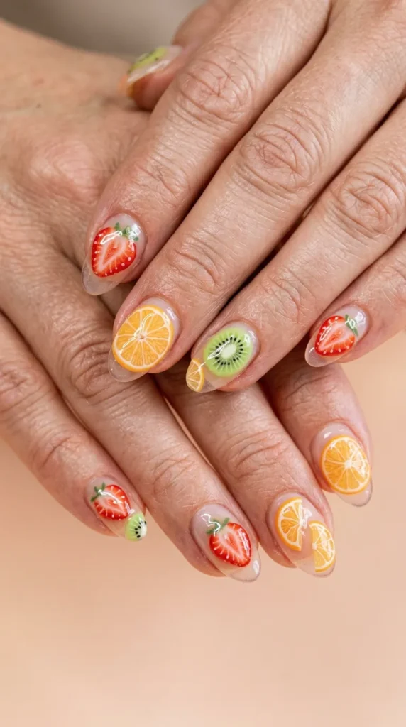 3D jelly fruit nail art (strawberry, orange, kiwi accents)