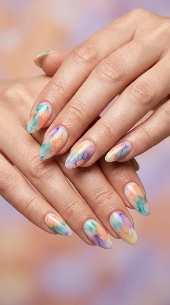 Abstract watercolor almond nails in summer tones