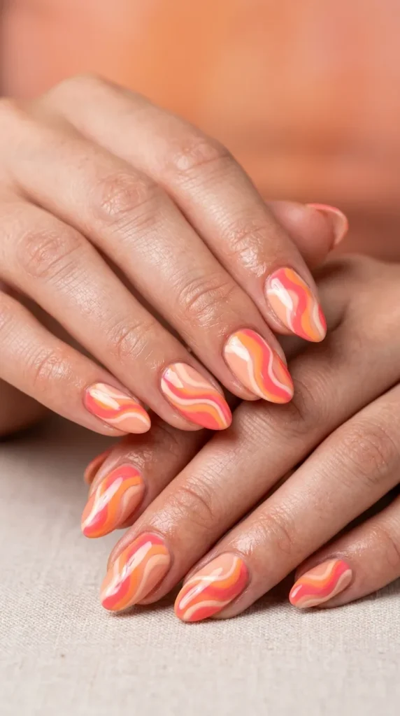 abstract wave pink-orange nails