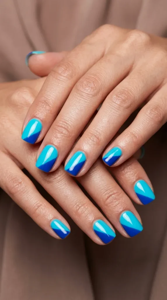 Aqua and Cobalt Color Block Nails