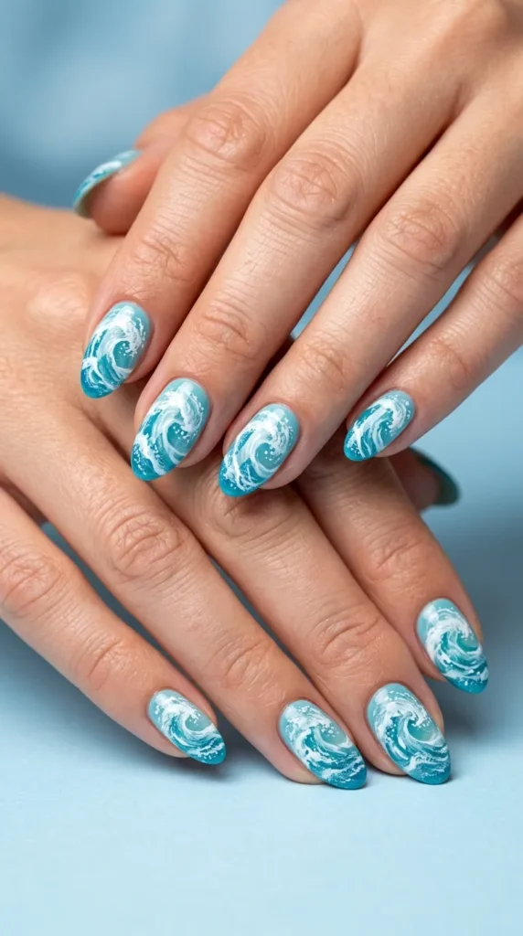 Aqua Blue Beach Wave Nails