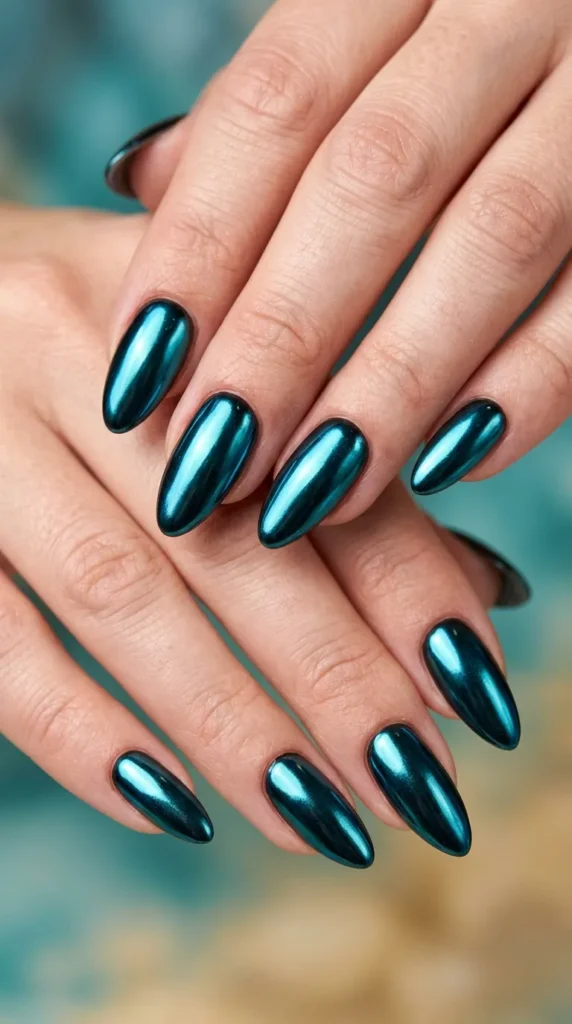 Aqua chrome almond nails