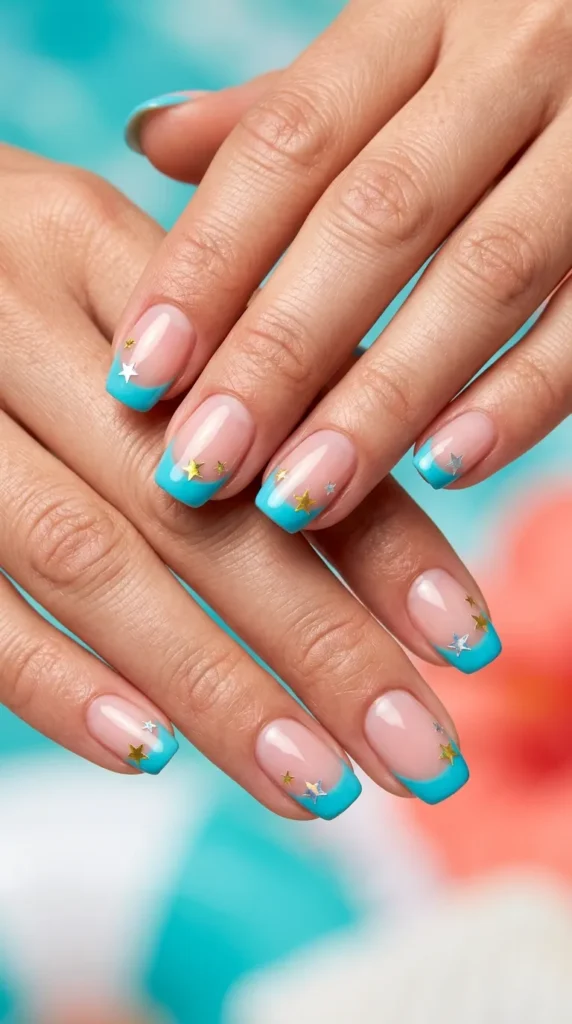 Aqua French tips with tiny star decals