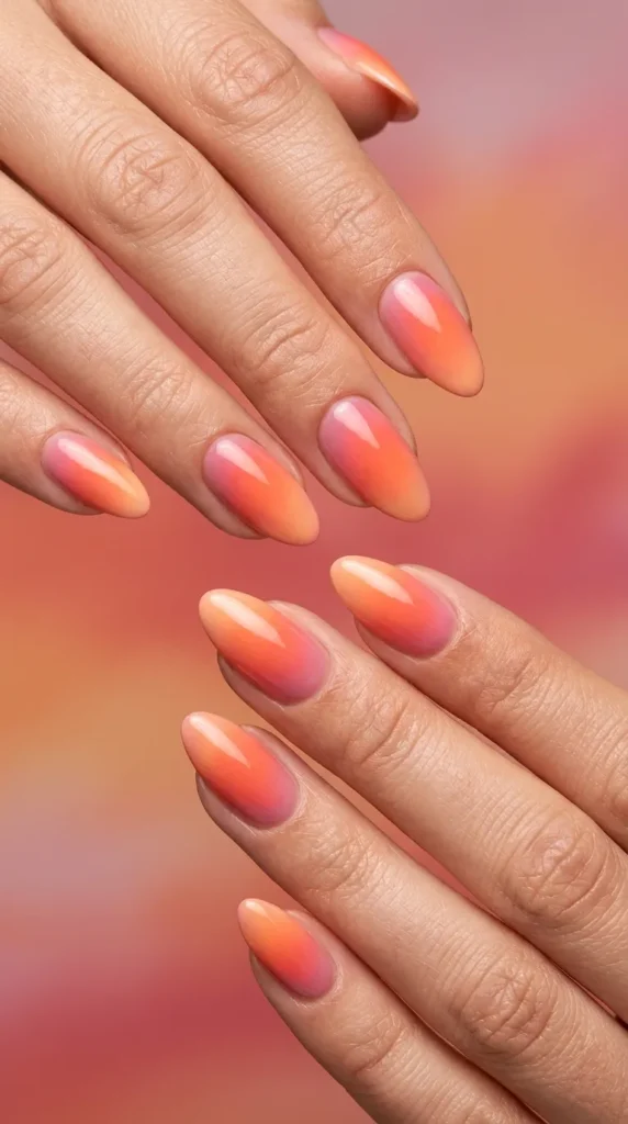 Aura gradient nails (sunset blend: peach → coral → pink)