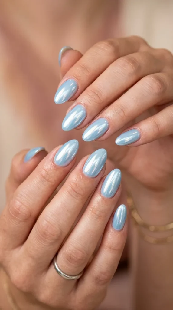 Baby blue chrome glazed nails
