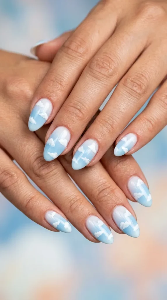 Baby blue cloud airbrush nails