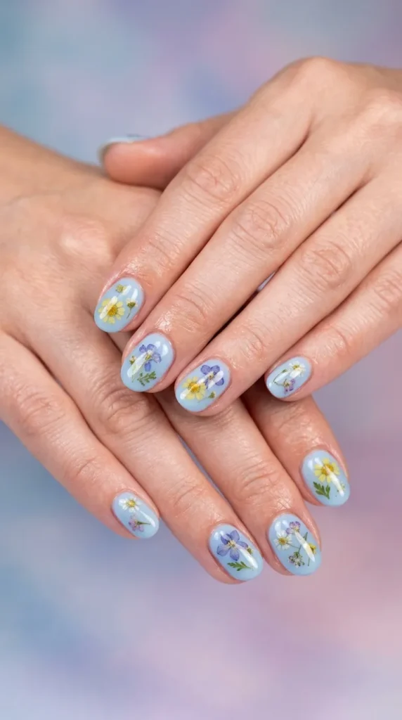 Baby Blue Pressed Flower Gel Nails