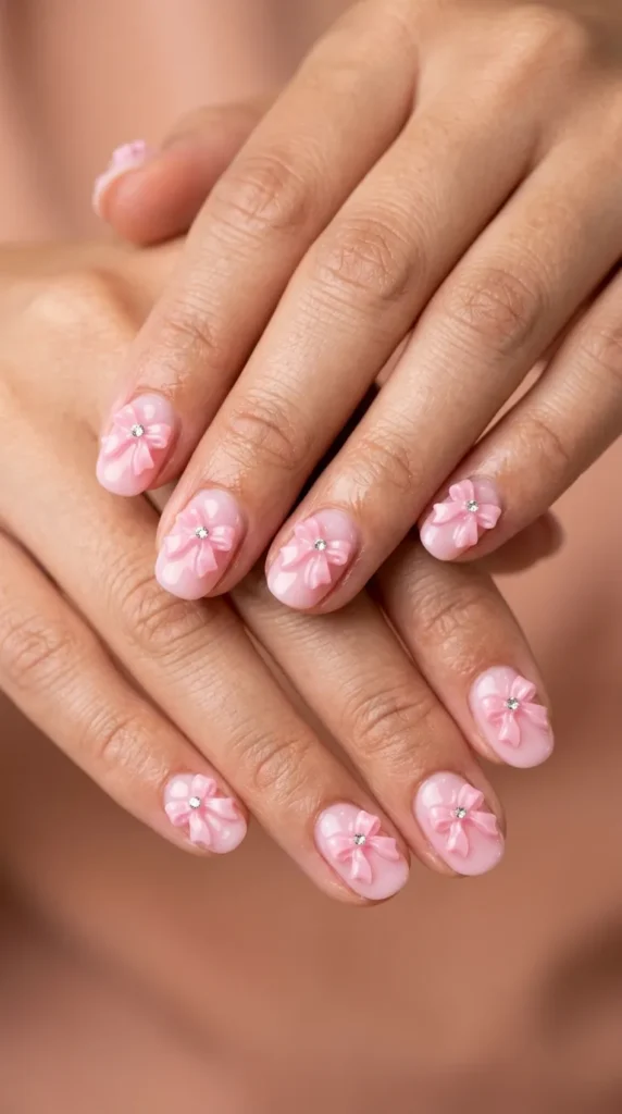 Baby pink bow nail art