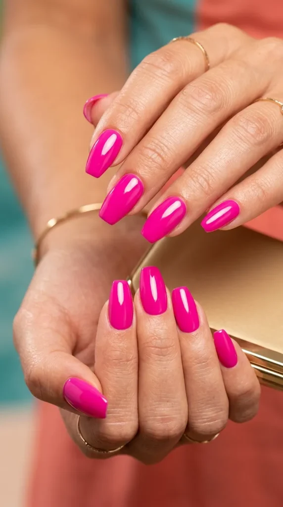 Barbiecore glossy pink coffin-to-almond hybrid style