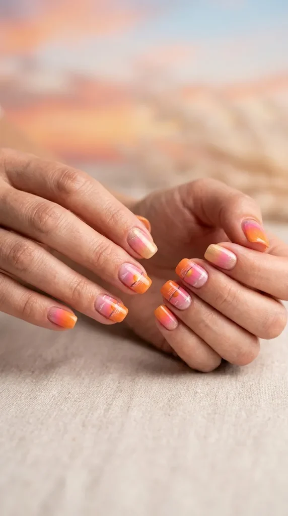 beach sunset pinkorange nails