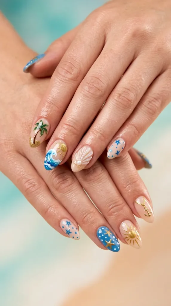 Beach vacation mix: palm, wave, sun, shell combo set