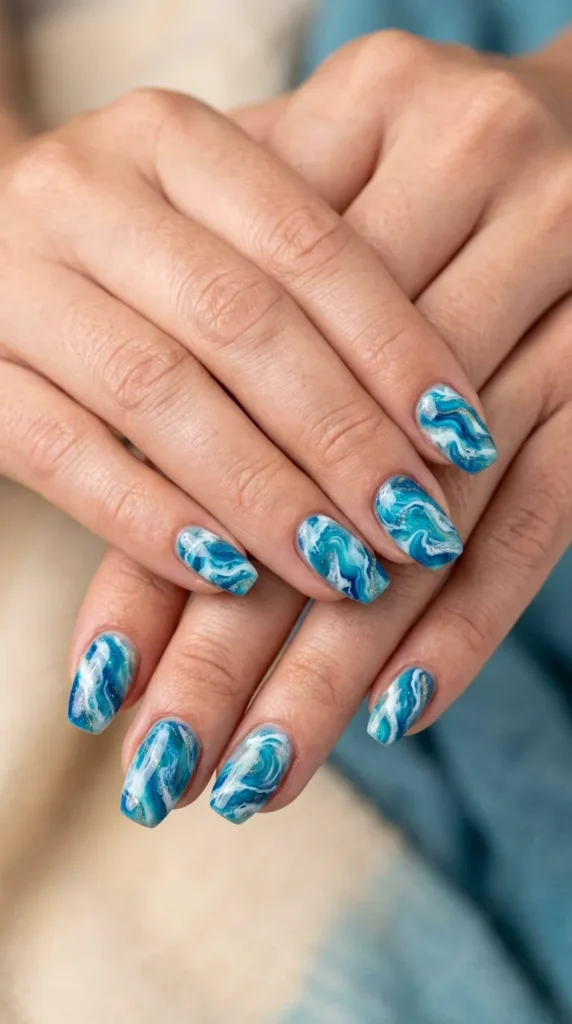 Beach wave blue marble nails