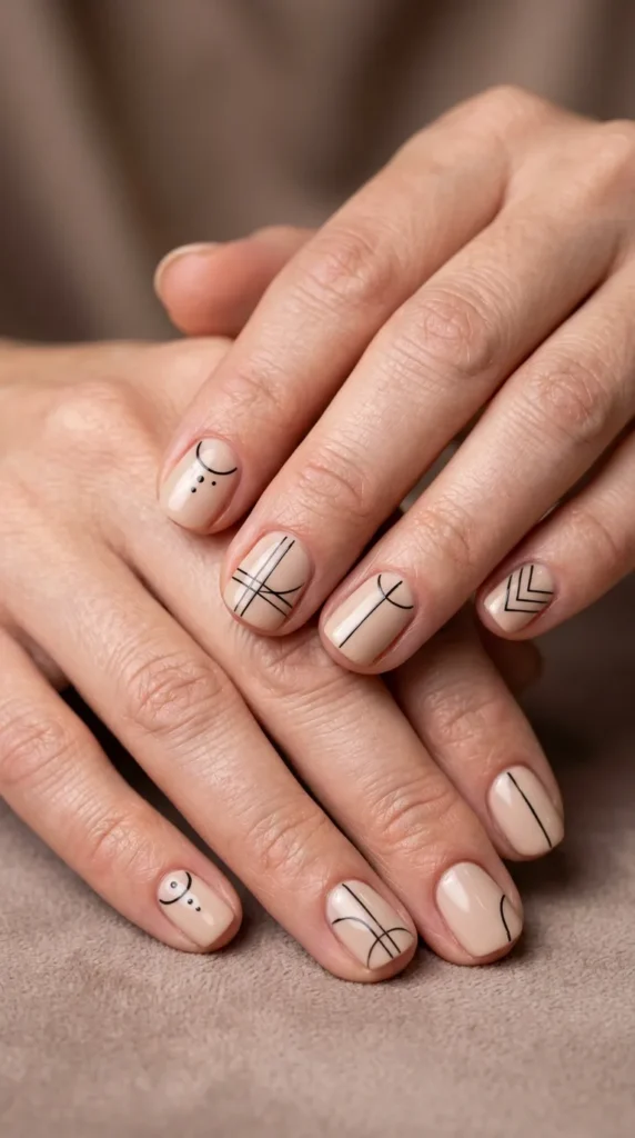 Beige minimal line art nails