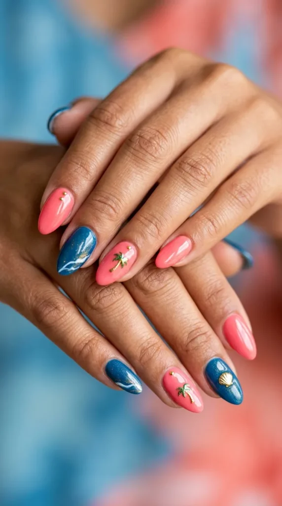 Blue and Coral Vacation Nails