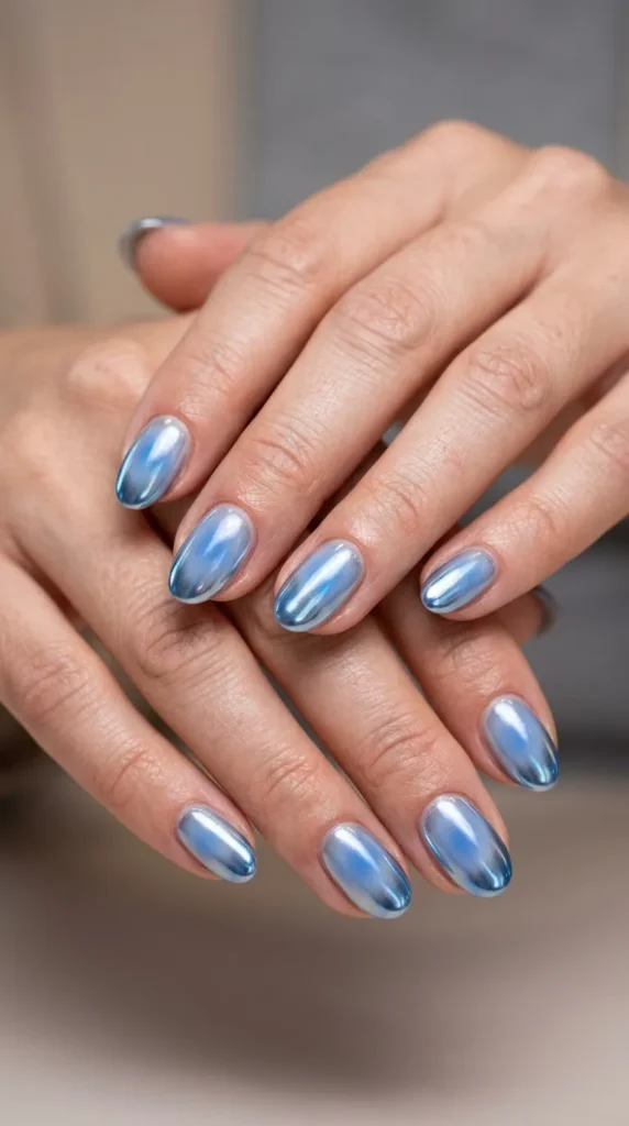 Blue Aura and Chrome Combo Nails