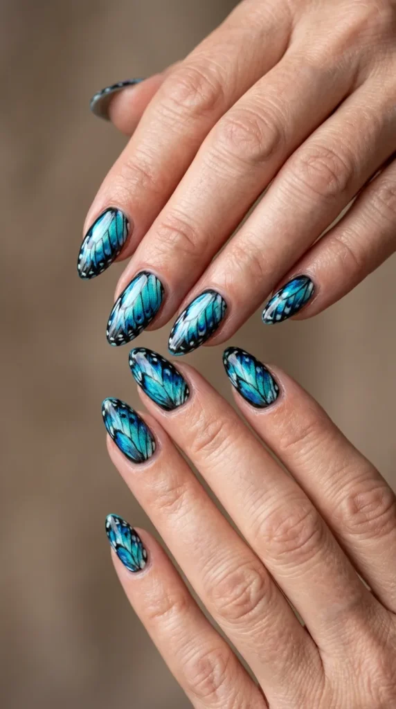 Blue butterfly wing nail art almond set